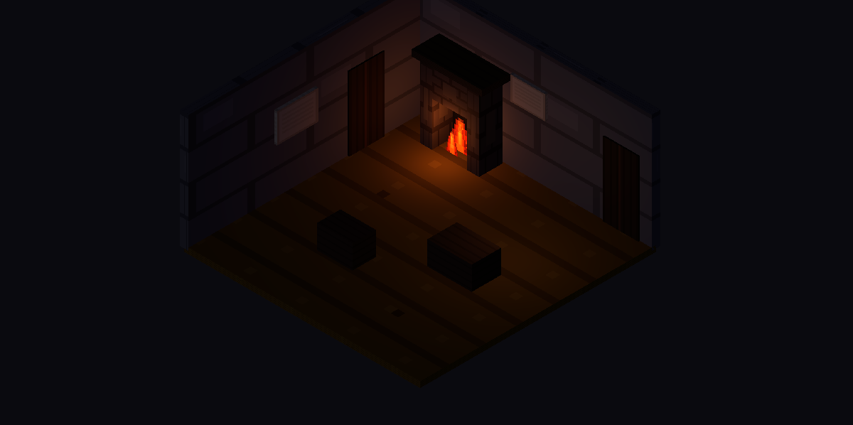 Respyte — Isometric 3D common room with fireplace